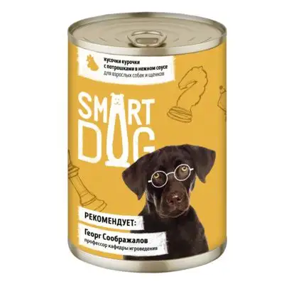 Купить smart dog консервы для взрослых собак и щенков кусочки курочки с потрошками в нежном соусе