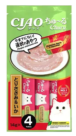 Купить inaba ciao churu лакомство-пюре для взрослых кошек с куриным филе и кальмаром