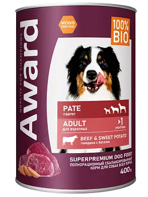 Award консервы для взрослых собак паштет из говядины с бататом